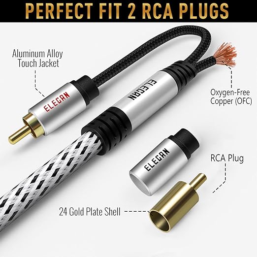 Elecan Premium RCA Cable 50 Ft (Hi-Fi Sound-16 AWG-Shielded) 2 RCA Male to 2 RCA Male Stereo Audio Cable, Gold Plated-Aluminum Alloy Shell-Pure Copper-Braided RCA Cord for Home Theater Speakers + Ties