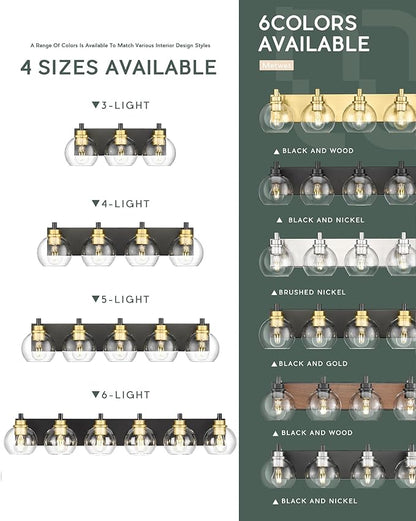 METWET Bathroom Light Fixtures, 5-Light Black and Gold Bathroom Vanity Light, 32 Inch Modern Wall Sconces with Globe Clear Glass Shade, Vanity Lighting Fixtures Over Mirror, VL195-KG-5