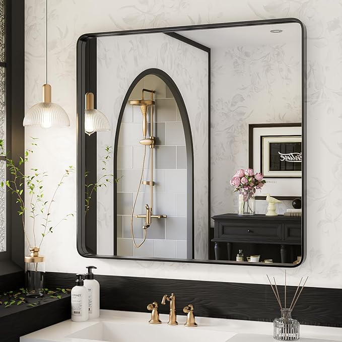 ISKM Black Metal Framed Wall Mirror for Bathroom 36" x 36" Rounded Corner Rectangle Mirror Bedroom Vanity Mirrors Wall Mounted Tempered Glass