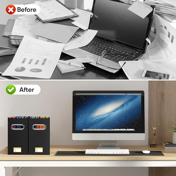 BALEINE File Organizer Box, Cardboard File Folder Organizer with Handle for Letter Size, Portable Collapsible Hanging Filing Box for Home Office Document Storage (2 Pack, Black)