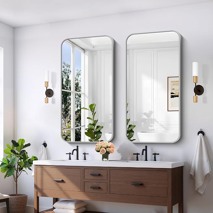 FORBATH 24x48 Inch Silver Bathroom Mirror for Over Sink, Narrow Rectangular Full Length Mirror with Metal Frame, Rounded Corners for Bathroom, Bedroom, Entryway Decor (Horizontal or Vertical)