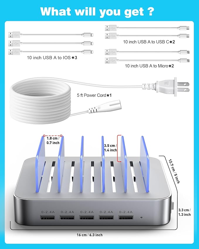 MSTJRY Charging Station for Multiple Devices : 5 Port Multi USB-A Charger Stations Multi-Device Organizer Charging Dock Designed for iPhone iPad Cell Phone Tablets (7 Short Cables Included), Silver