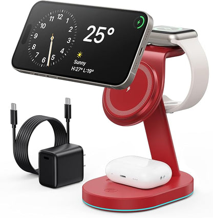 3 in 1 Wireless Charger Charging Station for iPhone,Qi2 Certified 15W Magnetic Charging Stand for Mag-Safe with 30W USB C Adapter&Friendly Night Light for iPhone 16/15/14/13/12,Apple Watch,AirPods