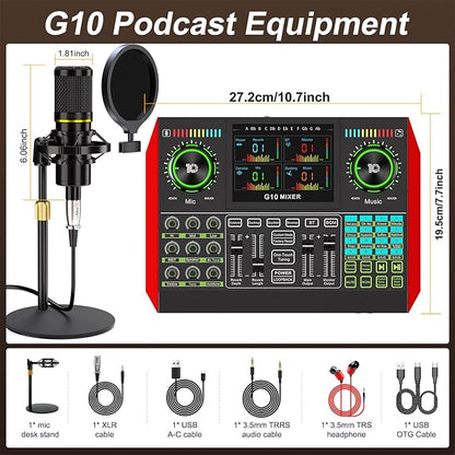 Podcast Microphone Bundle with Live Sound Card Audio Mixer, Podcast Equipment Bundle with 3.5mm Condenser Microphone for Pc/Phone Live Streaming Singing Gaming, Sound Board with Voice Changer, Denoise