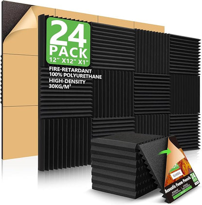 24 Pack Acoustic Panels, 1" X 12" X 12" Acoustic Foam Panels, Sound Proof Foam Panels, Self-Adhesive Soundproof Wall Panels ,Fire-Proofed Soundproofing Wedges,Acoustic Treatment Foams for Home-Black