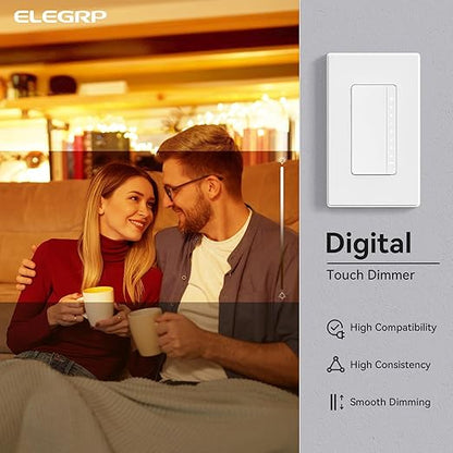 ELEGRP Dimmer Switch, Digital Dimmer Light Switch for LED Lights 150W, INC/HAL 450W, Single Pole LED Dimmer Switch, Needs Neutral Wire, Wall Plate Included, UL Listed, 1 Pack, Matte White
