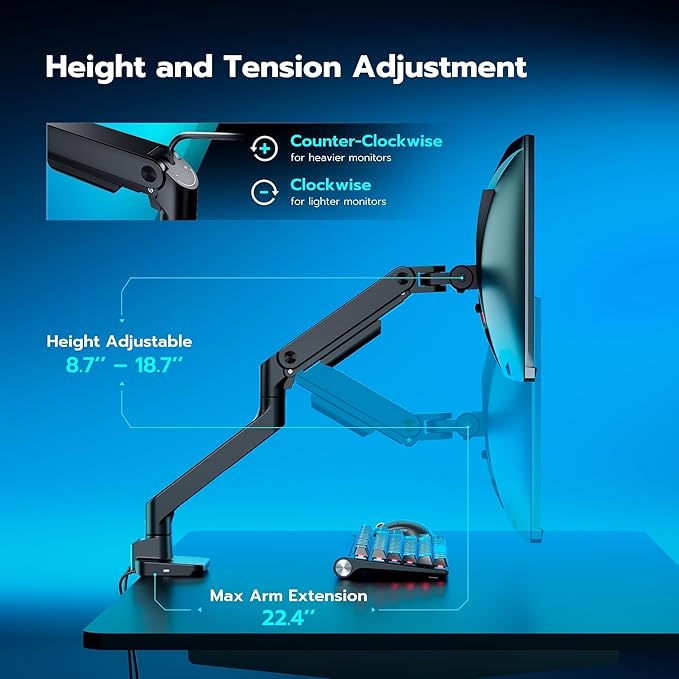 ARES WING Ultrawide Monitor Arm with USB A/C, for 17 to 49 inch Heavy Duty Screen, Holds 44 lbs, Adjustable Gas Spring Arm Desk Mount with Clamp and Grommet Base, Black