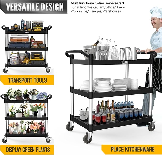 TUFFIOM Plastic Service Utility Cart with Wheels,Heavy Duty 450lbs Capacity, 3-Tier Commercial Rolling, Ideal for Restaurant, Foodservice, Office, Warehouse, Black 40.4''L x 19.7''W x 38.6''H