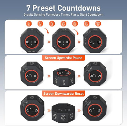 Secura Pomodoro Timer, Rotating Cube Time Tracker, Flip Gravity Sensor with 7 Presets(5/10/15/20/25/50/90 Minutes), Visual Progress Bar for ADHD, Kids, Tasks, Work, Study (Dark Gray)