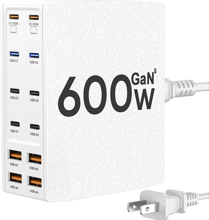 USB Charging Station (600W),12-Port USB C Charger Block with Dual 100W PD USB-C Fast Charging Station Hub for MacBook Pro/Air/All iPad Phone 17/16 15/14/13/Pro Max/Samsung Galaxy Note(White)