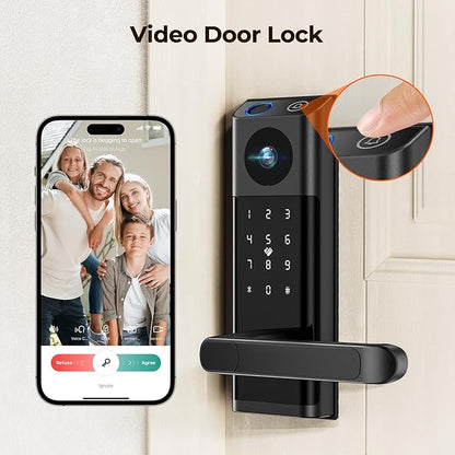 Video Smart Lock with Camera & Doorbell, 5-in-1 Keyless Entry Door Lock with Handle, Fingerprint+Keypad Code+App Remote Control+IC Card, Auto Lock, Wi-Fi Smart Deadbolt for Front Door, Apartment