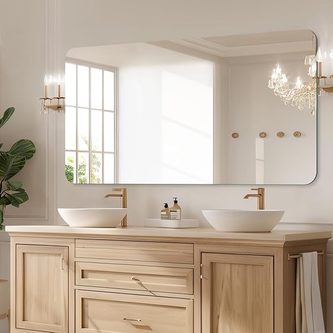 Mirrorons 72 x 36 Frameless Bathroom Mirror, Rounded Corner Bathroom Vanity Mirror, Modern Wall Mounted Vanity Mirror for Living Room, Bedroom, Entryway (Horizontal/Vertical)