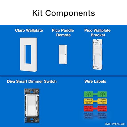Lutron Diva Smart Dimmer Light Switch 3-Way Kit for Caseta Smart Lighting, w/Plate, Pico Remote, Wallmount Bracket, and Label Stickers, No Neutral Required, DVRF-PKG1D-WH