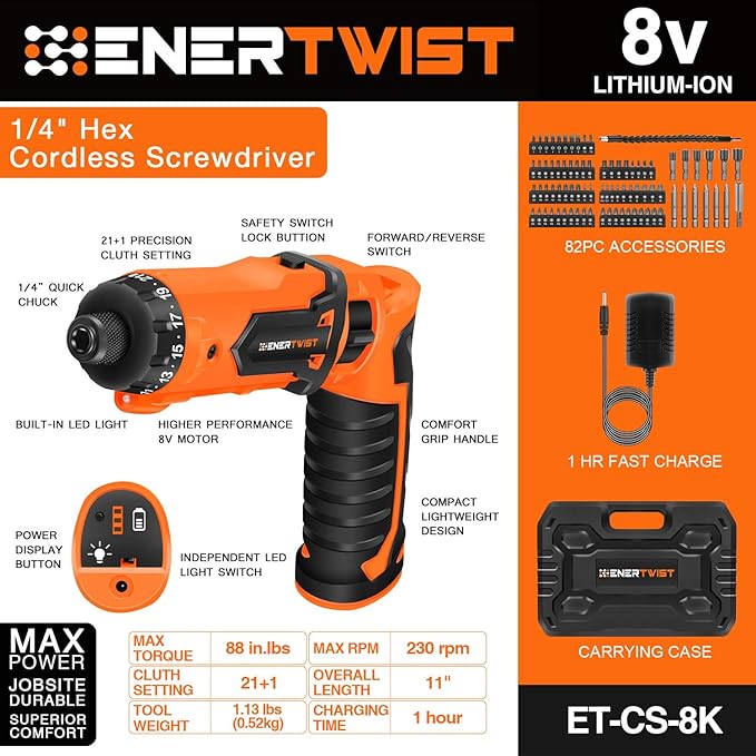 ENERTWIST 8V Cordless Electric Screwdriver, 82pcs 10Nm Max Fast Rechargeable Screwdriver Set with 1Hr Charger and Accessory Kit in Carrying Case, 21+1 Cluth, Dual Position Handle, ET-CS-8K