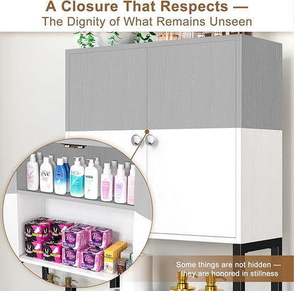 Over the Toilet Storage Cabinet - Freestanding Bathroom Organizer Shelf with Doors, gray & White Over the Toilet Shelves that Separates Wet and Dry Areas, Privacy Protection Above Toilet Storage Rack