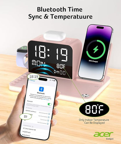 Acer 7-in-1 Wireless Charging Station with LED Clock - 30W Fast Wireless Charger for iPhone 16/15/14/13/12/Pro Max, Apple Watch, AirPods - Bluetooth Auto Time Sync & Night Lights (Pink)