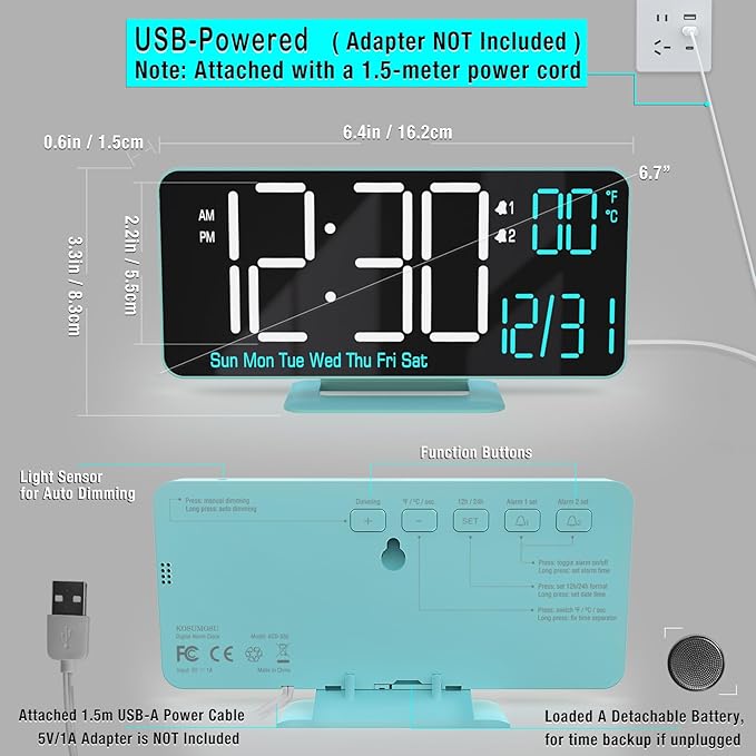 KOSUMOSU Digital Alarm Clock, 6.7in Digital Clock for Bedroom, Auto Dimming, Room Temperature, Day of The Week, Seconds, Date, Desk Clocks for Living Room, Alarm Clocks for Bedrooms