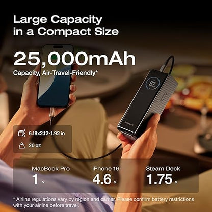 EF ECOFLOW Rapid Power Bank 25,000mAh, 170W Portable Charger with Dual 140W USB-C Ports for Multi-Device Charging, Smart TFT Screen, Compatible with iPhone 17/16/15/14, Samsung, Laptop (Silver)