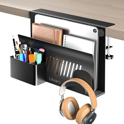 Litwaro Desk Side Storage, No Drill Laptop Holder with Magnetic Pen Holder, Clamp on Laptop Mount with Sticky Headphone Stand, Hanging Organizer for Office, Fits Flat Table Edge 0.4" to 2" (Black) | No Drill, Magnetic Pen Holder, Fits Flat Table Edge