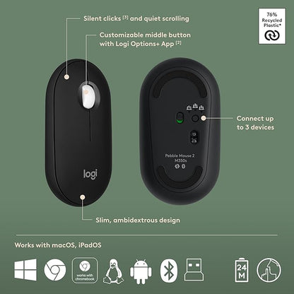 Logitech Pebble 2 Combo, Wireless Keyboard and Mouse, Quiet and Portable, Customizable, Logi Bolt, Bluetooth, Easy-Switch for Windows, macOS, iPadOS, Chrome - Black