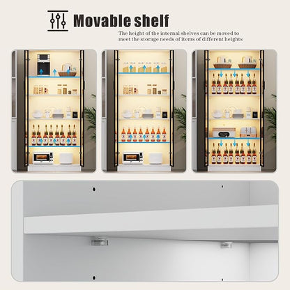 Dystler Display Cabinet with Doors and Adjustable Shelves, 65" Tall Bookcase with LED Lights/Human Sensor, 5 Tier Display Case for Collectibles Bedroom Living Room Office, White