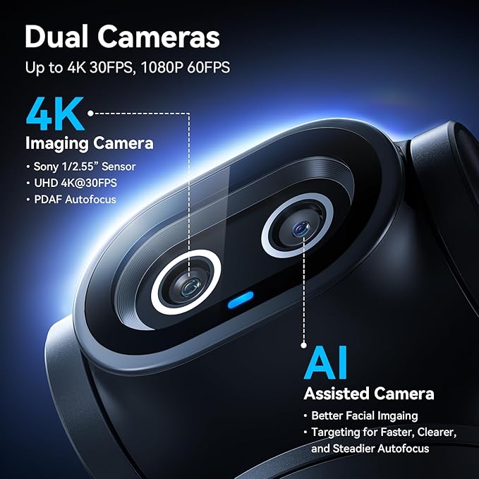 EMEET PIXY Dual-Camera AI-Powered PTZ Camera 4K, AI Tracking, PDAF&AI Autofocus 0.2s, 1/2.55'' Sony Sensor, 3 Mics, Presets, Gesture Control, 4K Webcam for Streaming and OBS/Twitch/Switch 2 Compatible
