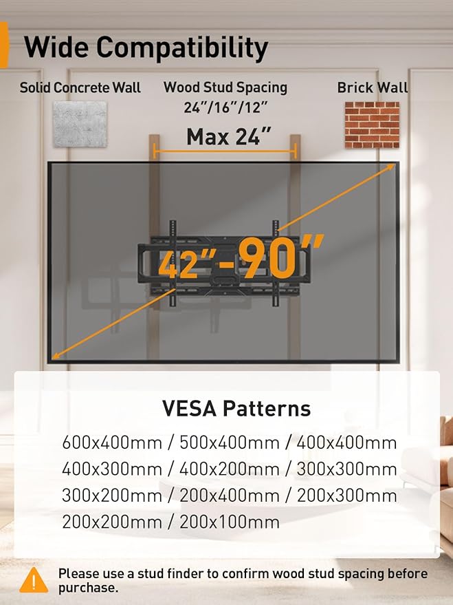 Perlegear UL-Listed Full Motion TV Wall Mount for 42–90 Inch TVs up to 150 lbs, Pre-Assembled TV Mount with Tool-Free Tilt, Swivel, Extension, Max VESA 600 x 400mm, 12″/16″/18″/24″ Wood Studs, PGLF16