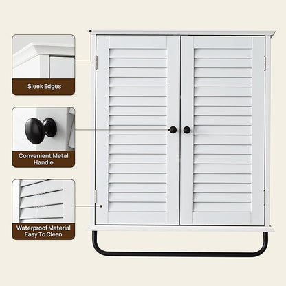 Bathroom Storage Cabinet with Adjustable Wood Shelves & Doors, Made of PDF Wood, Wall Mounted with Towels Bar, Over The Toilet Storage Cabinet for Kitchen & Living Room & Laundry Room-White