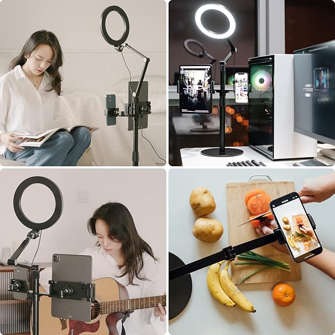 viozon 3-in-1 Selfie Desktop Live Stand, Height Adjustable/Overhead, 8" LED Ring Light, Compatible with 3.5-13" Tablet& Phone, Suitable for YouTube/Tiktok/Recording/Streaming/Online Meeting-B