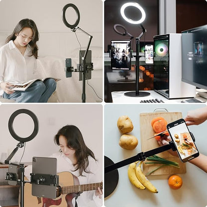 viozon 3-in-1 Selfie Desktop Live Stand, Height Adjustable/Overhead, 8" LED Ring Light, Compatible with 3.5-13" Tablet& Phone, Suitable for YouTube/Tiktok/Recording/Streaming/Online Meeting-B