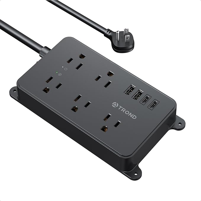 TROND Power Strip Surge Protector, 5 Widely-Spaced Outlets with 2 USB A and 2 USB C, ETL Listed, Wall Mountable, Flat Plug 5ft Extension Cord, 1300J, 14AWG Heavy Duty, for Office Kitchen, Black