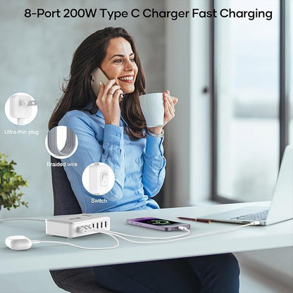 200W Charging Station for Multiple Devices, 8-Port USB C Charger Block Fast Charging, 65W Type C GaN Power Adapter for Cellphones, Tablets, Laptops, Multi Chargers USB Hub Flat Plug