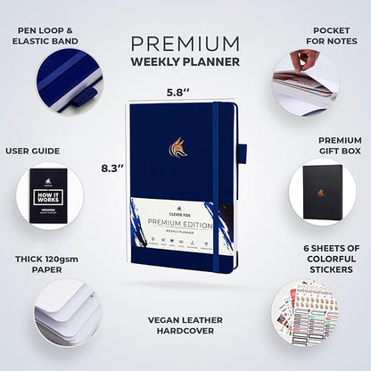 Clever Fox Planner Premium Edition – Undated Luxurious Weekly & Monthly Planner to Increase Productivity and Hit Your Goals – Organizer – Start Anytime, A5, Lasts 1 Year, Navy Blue (Weekly)