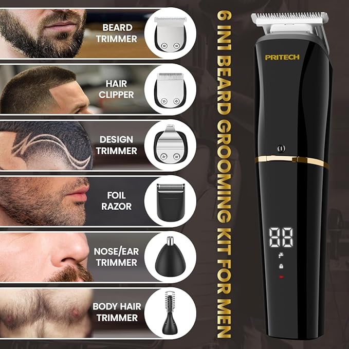PRITECH Beard Trimmer for Men,6 in 1 Hair Clippers Kit, Precision Cordless Grooming Kit Waterproof IPX6 for Beard, Hair, Body, Nose, Ear, with Foil Razor (Black)