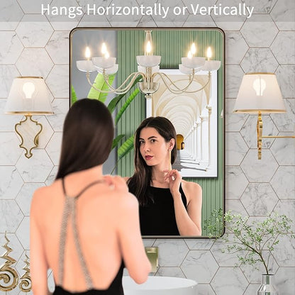 LOAAO 20”X30” Bronze Bathroom Mirrors for Vanity, Rounded Rectangle Brushed Bronze Metal Frame Mirror, Anti-Rust, Hangs Horizontally or Vertically