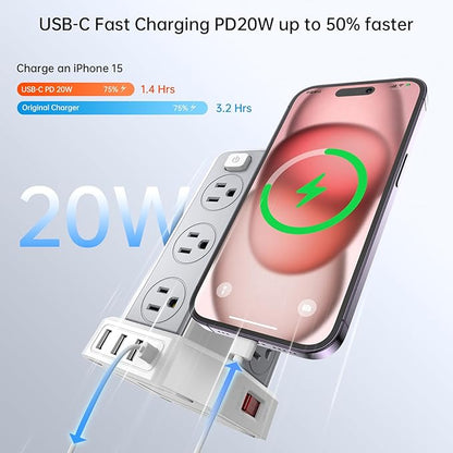 Power Strip Surge Protector, 10 Ft Extension Cord with 12 AC Multiple Outlets 4 USB (1 USB C), SMALLRT Power Tower Desktop Charging Station (White, 10 FT PD20W)