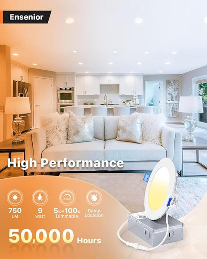 Ensenior 12 Pack 4 Inch Ultra-Thin LED Recessed Light with Junction Box, 2700K-6000K Selectable, 9W 75W Eqv, Dimmable, 750LM High Brightness - ETL Certified