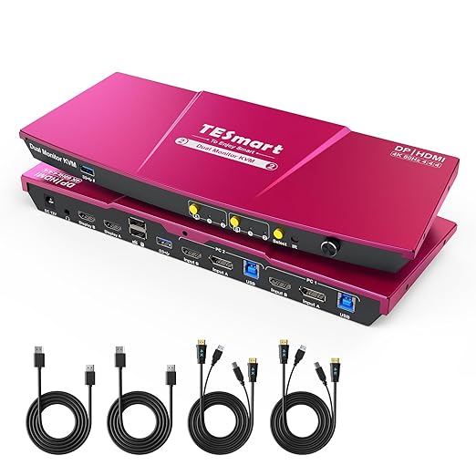 TESmart USB 3.0 DisplayPort + HDMI KVM Switch 2 Monitors 2 Computers 4K@60Hz, Dual Monitor KVM Switch 2 Port Extended Display, EDID Emulators, Headset, Hotkey Switch, Button Switch with All Cables