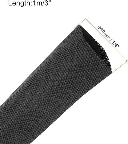 MECCANIXITY Braided Cable Sleeves Heat Shrinkable Fabric Sleeving, 1 1/4" 3ft Black 2:1 Ratio Heat Shrinkable Cord Protector for Harness Cable, Network Cable Protection, Cable Management