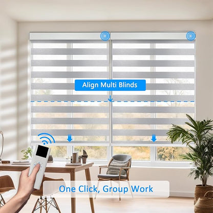 COOLWINDS Motorized Zebra Blinds for Windows Cordless Electric Curtains with Remote Control Blackout Shades Custom Smart Blinds Compatible with Alexa Google Home(Light Filtering Grey,W56 X 72in)