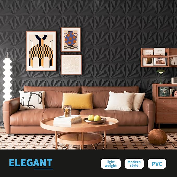 Art3d 100 Pack Decorative 3D Wall Panels 11.8 x 11.8 Inch Covering 97 Sq.ft - Glue Up PVC Wall Panels for Interior Wall Décor, Living Room, Office and Home, Black
