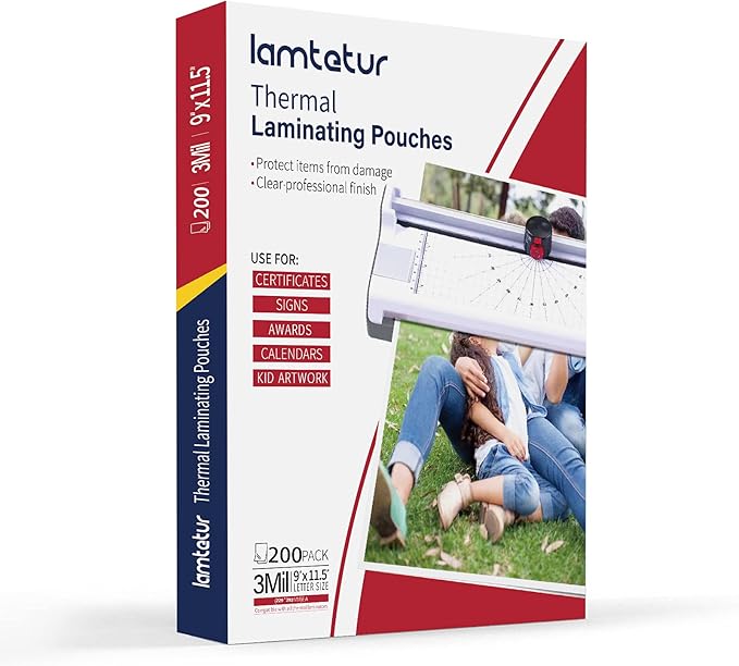 Lamtetur Thermal Laminating Pouches 9" x 11.5" Inches,Holds 8.5 x 11 Inch Sheets,3Mil 200Pack Laminate Films,Laminator Sheets,Letter Size Laminate Papers,Clear Lamination Sheets(75Mic-200sheets)