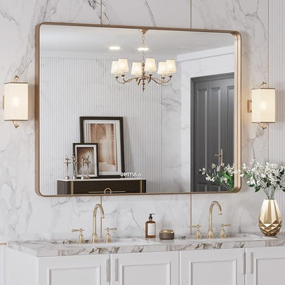 LOAAO 40”X30” Gold Bathroom Mirror, Rounded Rectangle Gold Frame Mirror, Brushed Gold Bathroom Vanity Mirror Wall-Mounted, Anti-Rust, Tempered Glass, Hangs Horizontally or Vertically