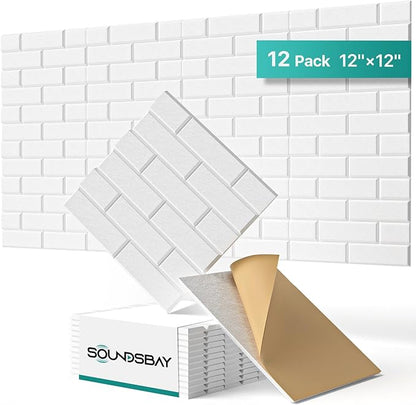 Soundsbay Acoustic Panels Self Adhesive, 12 Pack High Density Sound Proof Foam Panels for Walls, 12" X 12" X 0.4" Soundproof Wall Panels, Brick Acoustic Wall Panels for Home, Ceiling White
