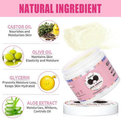 Edge Control Wax Strong Hold Non-greasy Hair Styling Gel - Edge Wax No Flaking Edge Control for Black Hair Edge Wax for Women Rosemary Hair Oil for Hair Growth Edge Brush Hair Braid Bonnet(7pcs)