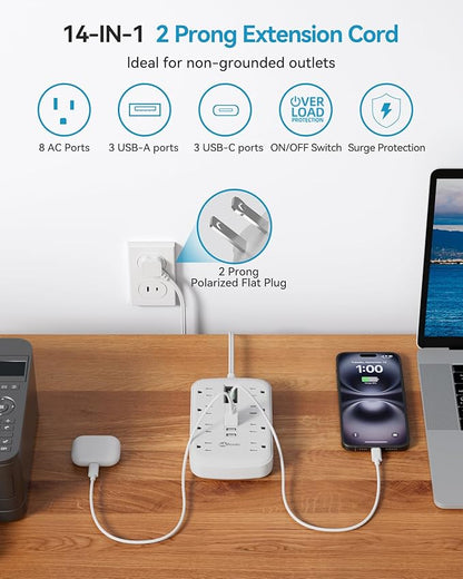 Short Extension Cord 3ft - 2 Prong Power Strip Surge Protector with 8 Outlets 6 USB Ports(3 USB C)4.8A/24W Charging Station, 3 prong to 2 prong adapter Wall Mount for Travel Dorm Room Essentials White