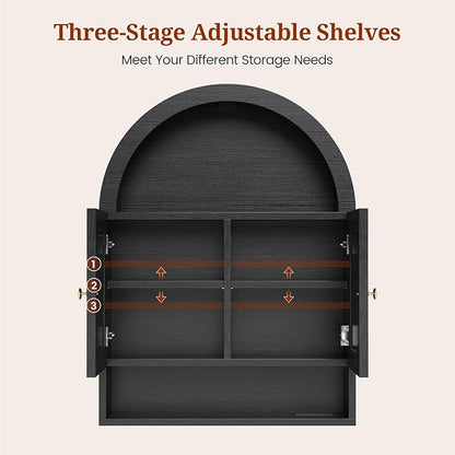 Arched Bathroom Wall Cabinet, 27.4 x 36.4'' Over The Toilet Cabinet with Grille Door, Adjustable Shelf, Wall Mounted Cabinets for Bathroom Laundry Room Kitchen (Black, 36IN)