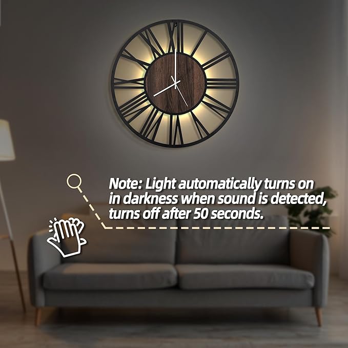 LEIKE Large Wall Clocks with Night Light Battery Operated,Silent Non Ticking,Rustic Modern Big Wood Clock for Living Room, Bedroom,Kitchen,Farmhouse,Office,Home Decor-20 Inch(Roman Numerals)