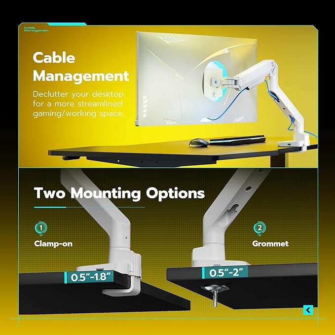 ARES WING Ultrawide Monitor Arms White with USB A/C, Heavy Duty Monitor Arm for 17 to 49 inch Screen, Holds 44 lbs, Adjustable Gas Spring Desk Mount with Clamp and Grommet Base