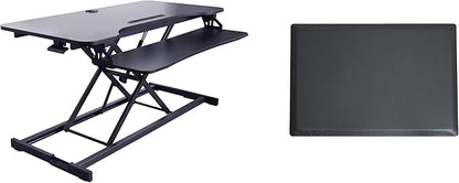 Rocelco 43" Height Adjustable Standing Desk Converter with Anti Fatigue Floor Mat - Tall Stand Up Tabletop Riser and Tablet Slot - Computer Workstation - Deep Keyboard Tray - Black (R VADRB-43-MAFM)